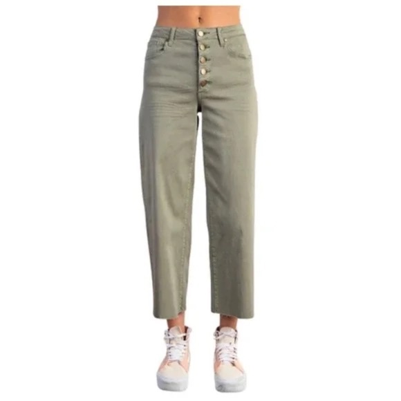 New Easel Button Fly Twill Wide Bottom Pants Small Green High Waisted Wide Leg - Picture 1 of 3